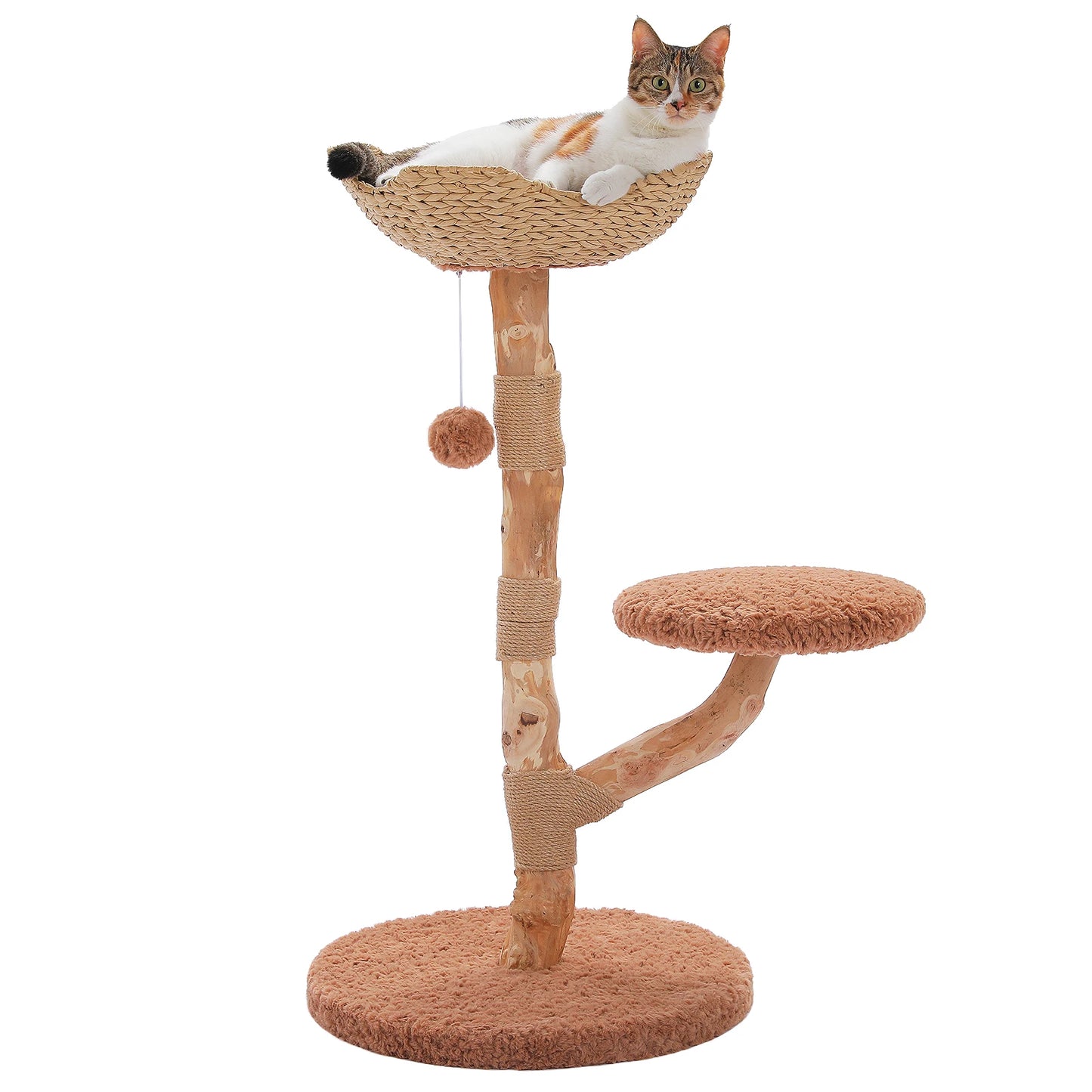 Wood Cat Tree with Wicker Basket Bed Sisal Scratching Posts Modern Cat Tower with Real Wood Branches Hanging Balls Luxury Boho Cat Furniture for Indoor Cat Toys