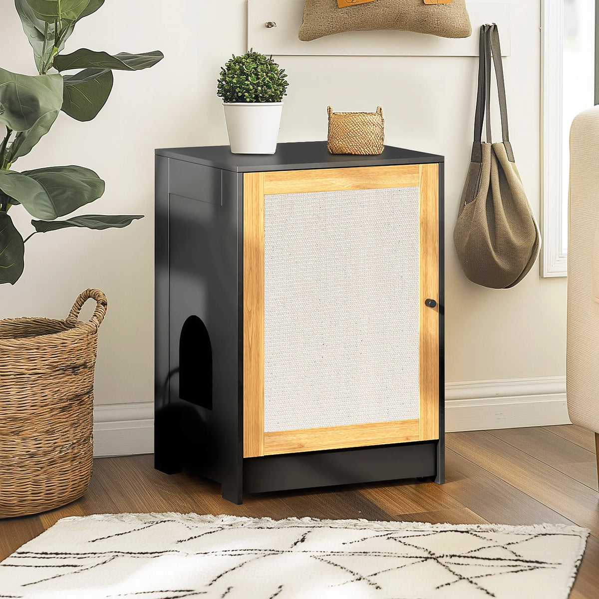 Hidden Cat Litter Box Enclosure With Sisal Scratching Door Cabinet