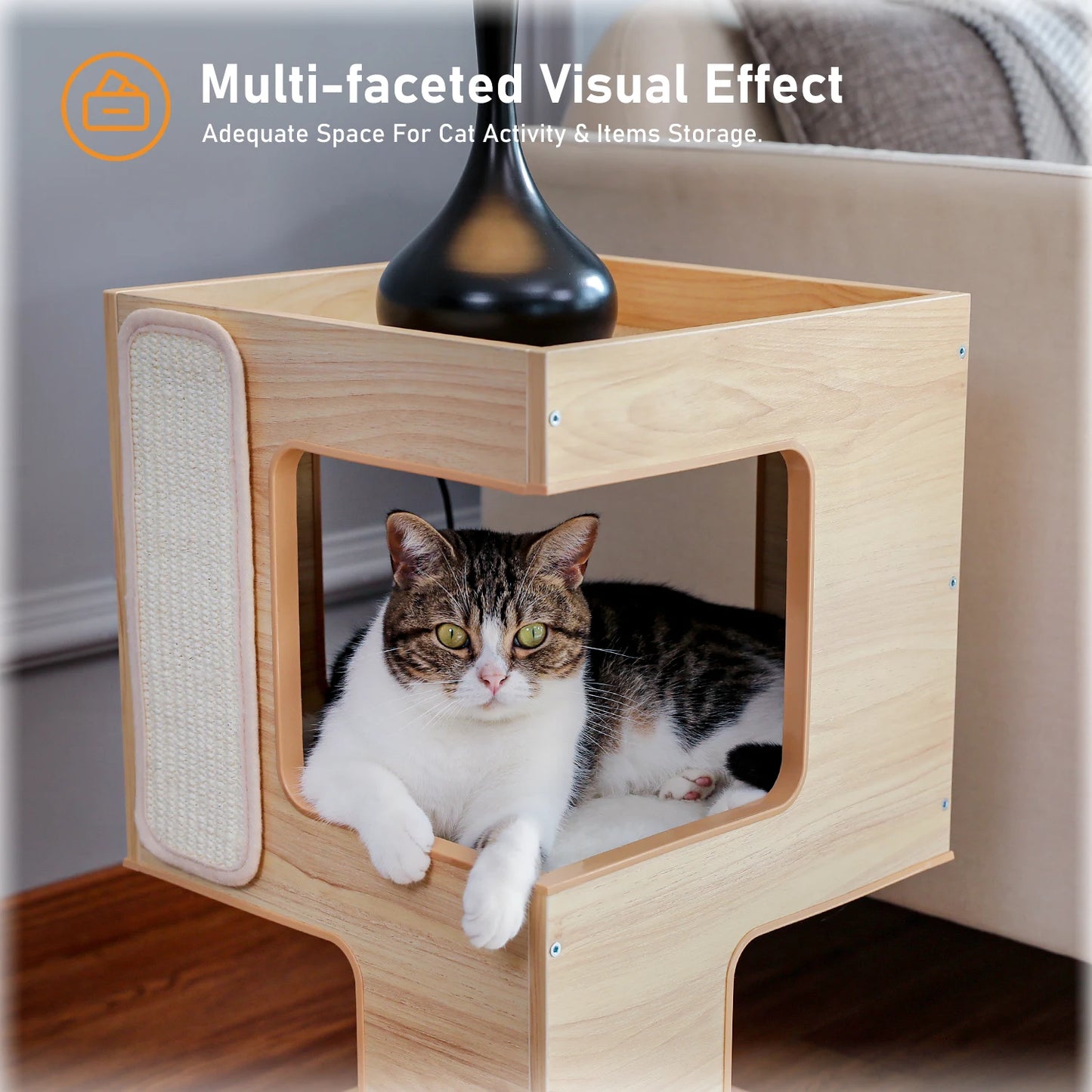 Wood Cat Condo House Bed with Removable Soft Mats Modern Cat Tree Tower with Scratching Pad Cat Scratcher Furniture Kitten Toys