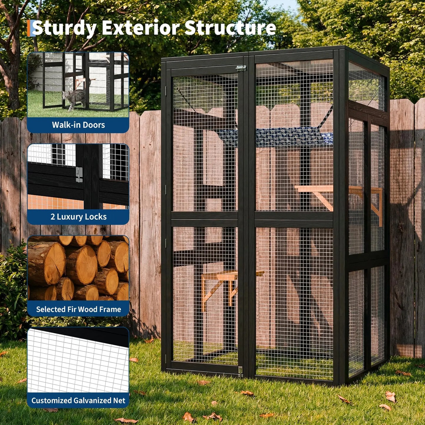 64 Inch Large Wooden Catio Outdoor Cat Enclosure Window Cat House with Wheels 3 Platforms Weatherproof Roof Cage