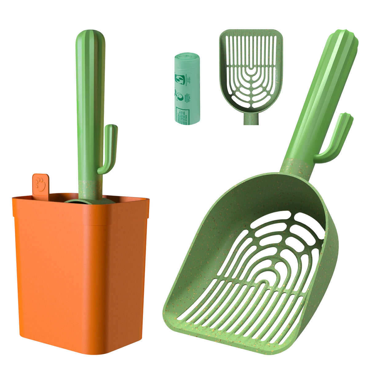 Cactus Cat Litter Scoop With Holder And Waste Bag Storage