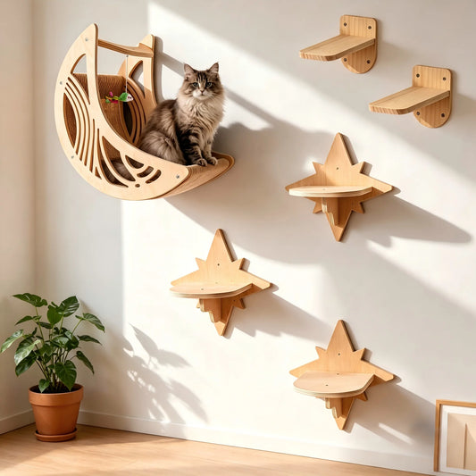CWV Wall Mounted Cat Shelves With Moon Hammock Star Perches