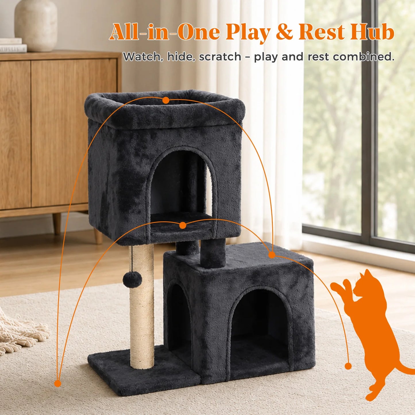 30-Inch Cat Tree with 2 Cozy Condos Sisal Scratching Post Soft Top Perch Hanging Pompom Small Cat Tower for Indoor Kitten Furniture House Cat Toys