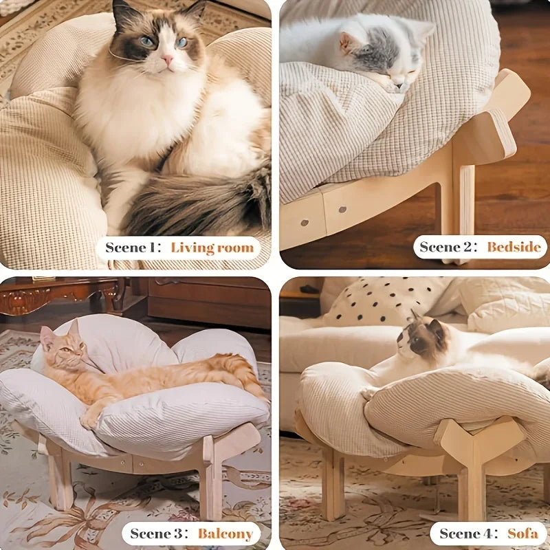 Raised Wooden Cat Bed With Cushion For Indoor Use