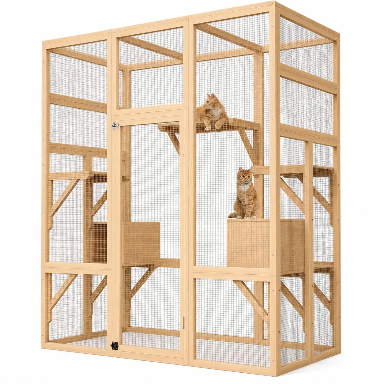 70in Outdoor Catio Cat Enclosure, Large Wooden Cat House With Waterproof UV Roof, 5 Platforms 2 Rest Boxes For Patio Backyard Cats