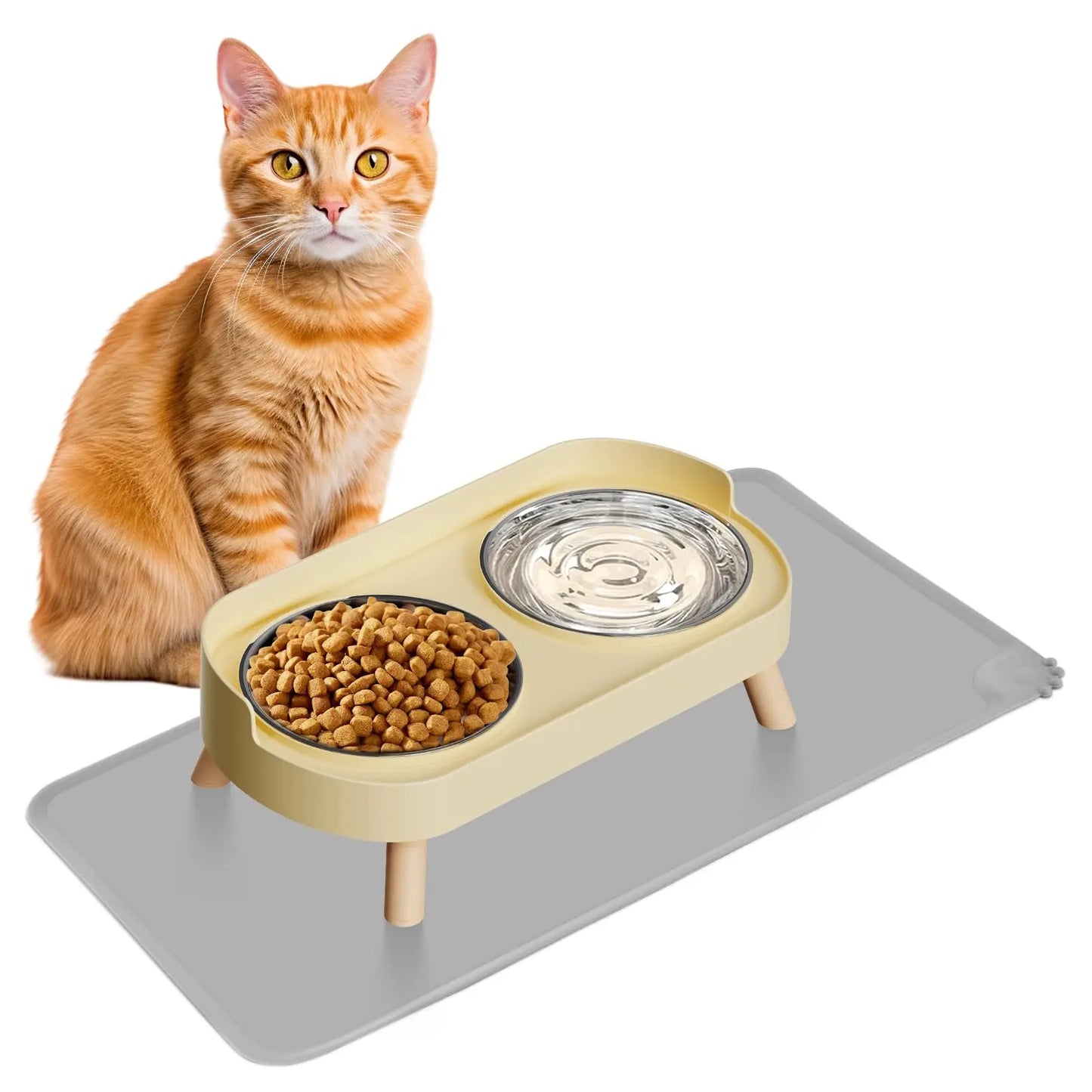 Elevated Cat Bowl, Raised Cat Food and Water Bowl Set for Indoor Cats, Splash Proof with  Stainless Steel Pet Food Bowls for Cats and Puppies, Whisker Fatigue and Dishwasher Safe - White