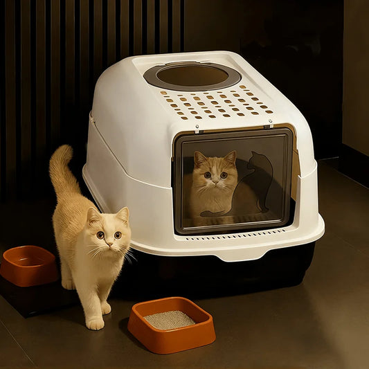 [Extra Large Cat Litter Box] Closed/Open Covered Litter Box with Litter Scoop, Detachable Lid, High Rim Splash-Proof Design,Easy