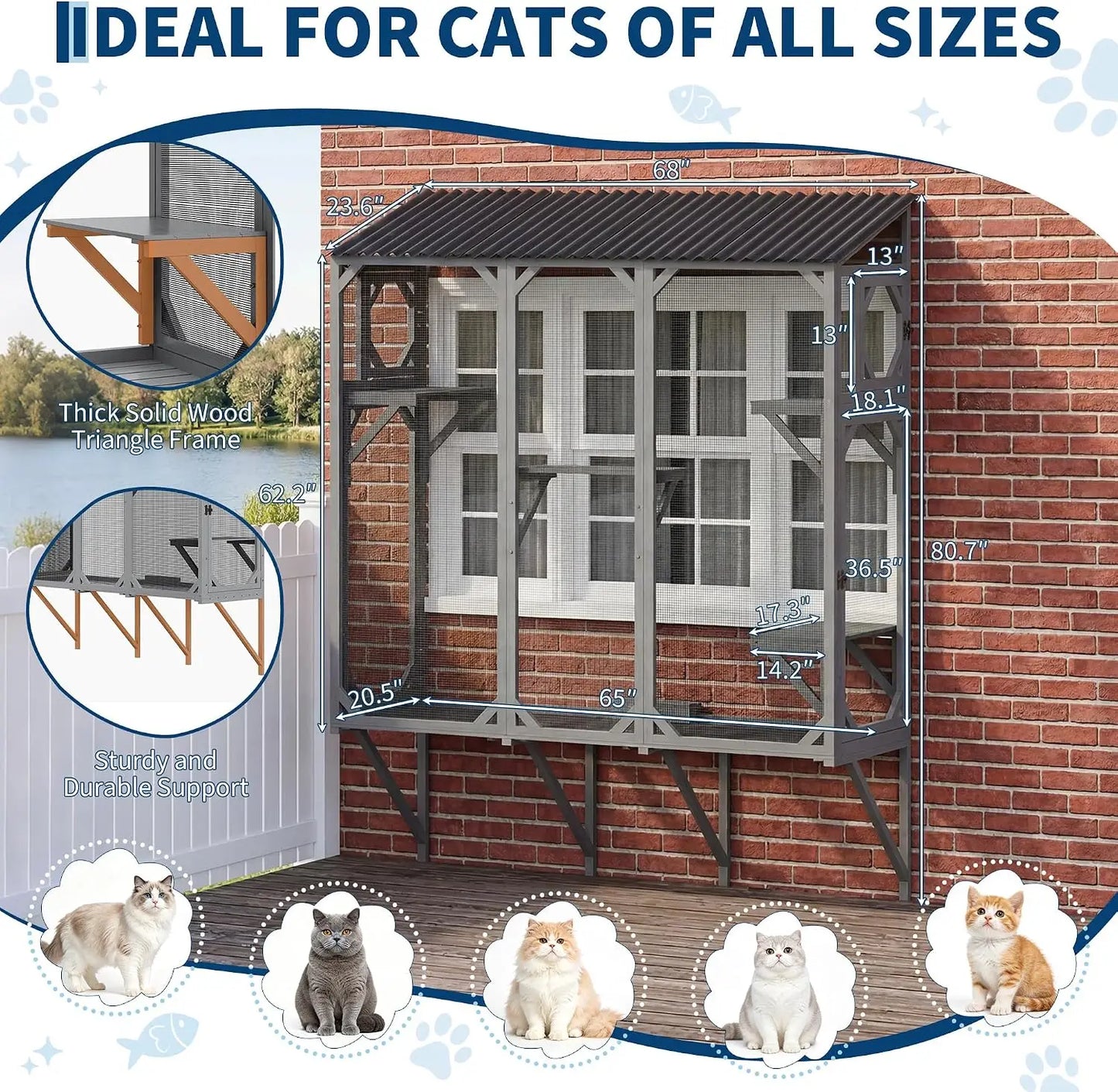 68 Inch Window Catio Wooden Cat Enclosure Large Expandable Cat Window Box With Wooden Cat Perch For Multiple Cats Sunbathing Birdwatching And Napping For Backyard