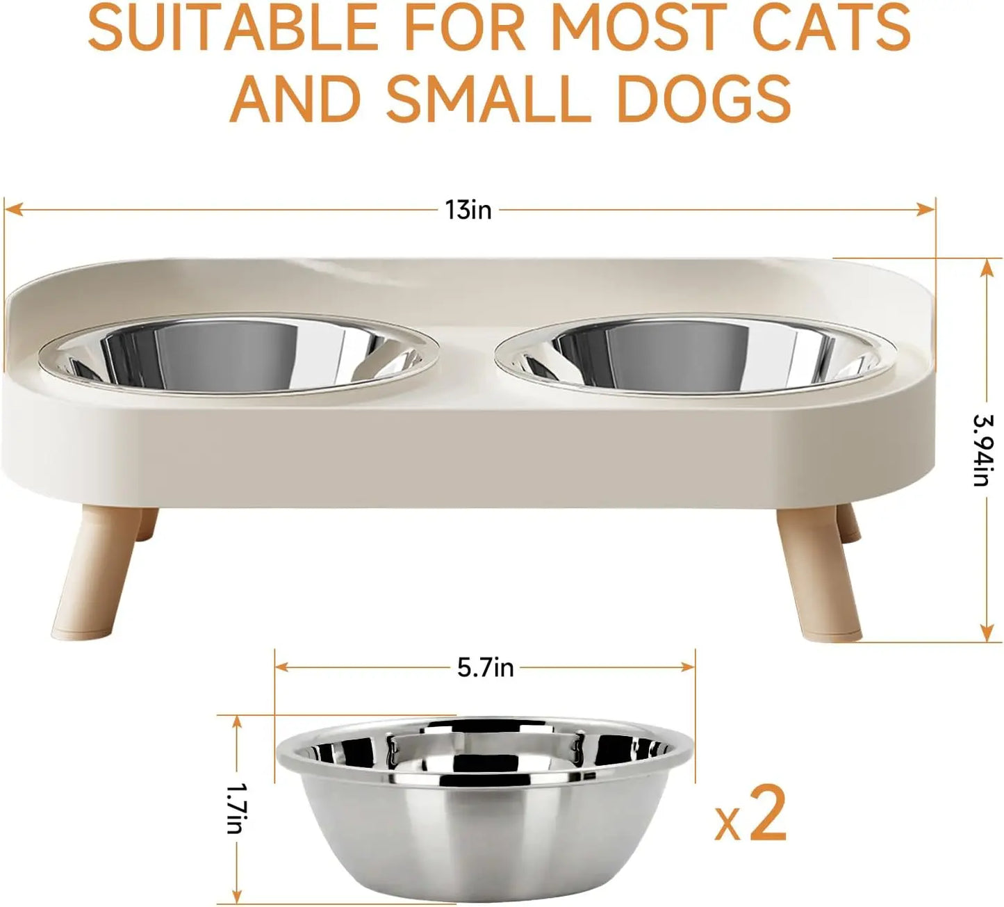 Elevated Cat Bowl, Raised Cat Food and Water Bowl Set for Indoor Cats, Splash Proof with  Stainless Steel Pet Food Bowls for Cats and Puppies, Whisker Fatigue and Dishwasher Safe - White