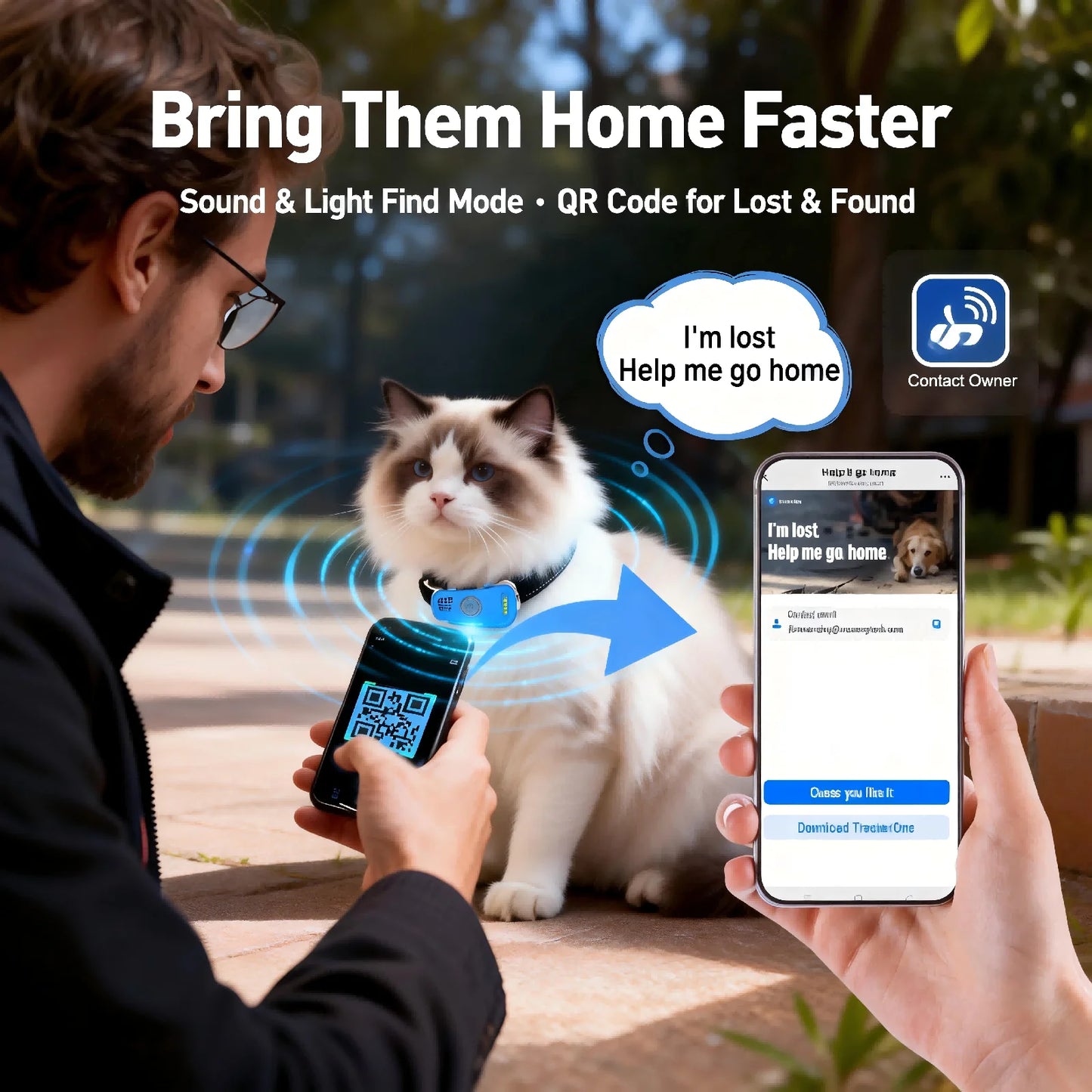 GPS Pet Tracker for Dogs Cats Real Time Tracking Unlimited Distance QR Code Anti-Lost Locator with 1-year Service