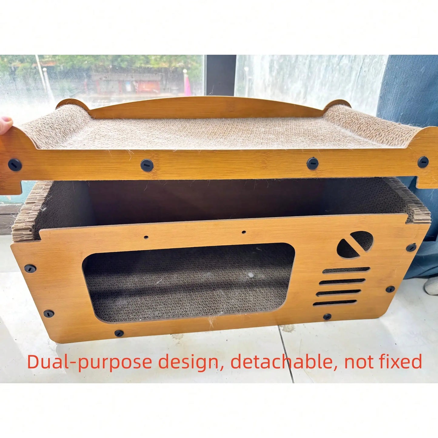 2 In 1 Double Layer Cardboard Cat Scratcher Lounge Bed Bubble Fish Star Moon Double Cat Head Pattern Detachable Upper Platform Cat Hideaway With 2 Hanging Pom Pom Balls For Multi Cat Households