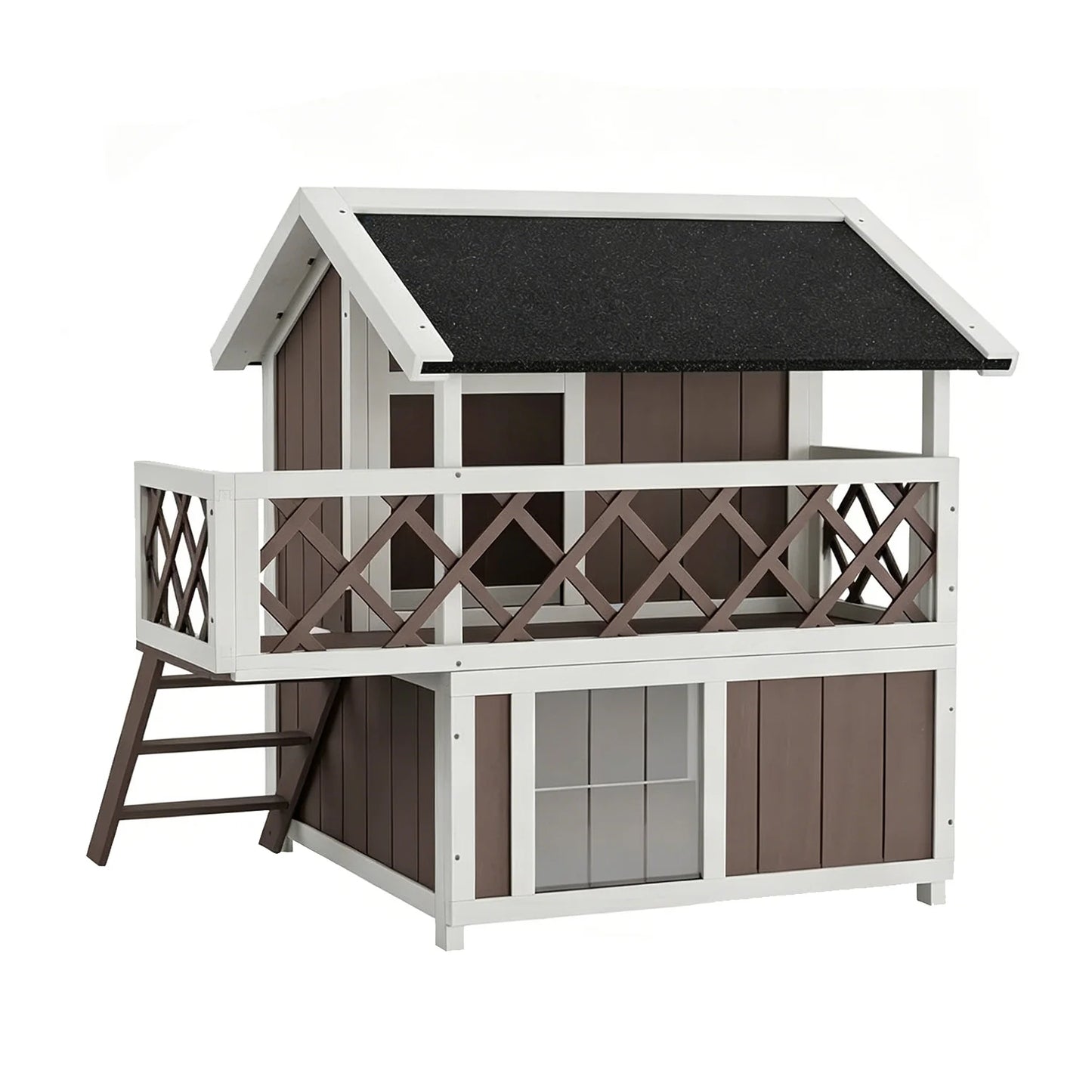 Wooden 2-Level Cat House Outdoor Indoor Weatherproof Shelter With Shade Balcony Side Stairs Guardrails Raised Floor For Cats