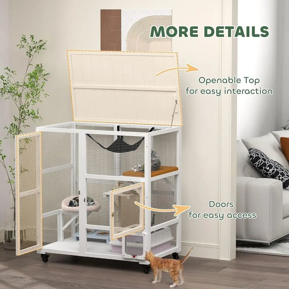 Indoor Wooden Catio, Cat House Cat Enclosure on Wheels with 3 Platorms, Hammock, Cat lap Door & Openable Top, Luxury Kitty House