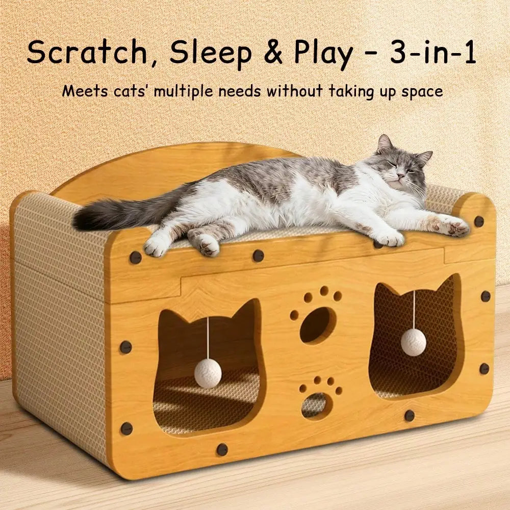 2 In 1 Double Layer Cardboard Cat Scratcher Lounge Bed Bubble Fish Star Moon Double Cat Head Pattern Detachable Upper Platform Cat Hideaway With 2 Hanging Pom Pom Balls For Multi Cat Households