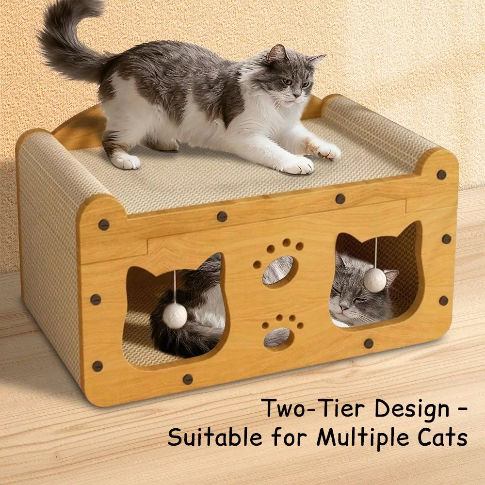 2 In 1 Double Layer Cardboard Cat Scratcher Lounge Bed Bubble Fish Star Moon Double Cat Head Pattern Detachable Upper Platform Cat Hideaway With 2 Hanging Pom Pom Balls For Multi Cat Households