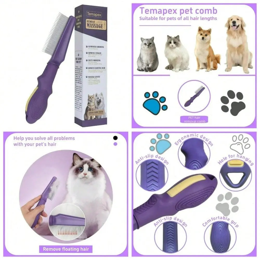 Steel Pet Comb For Dogs Cats Shedding Detangling Brush With Non Slip Rubber Handle Gentle Grooming Tool For Long Short Hair