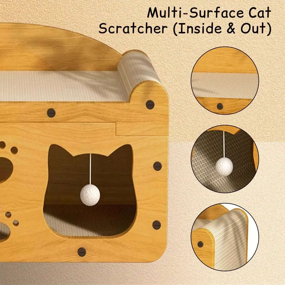 2 In 1 Double Layer Cardboard Cat Scratcher Lounge Bed Bubble Fish Star Moon Double Cat Head Pattern Detachable Upper Platform Cat Hideaway With 2 Hanging Pom Pom Balls For Multi Cat Households