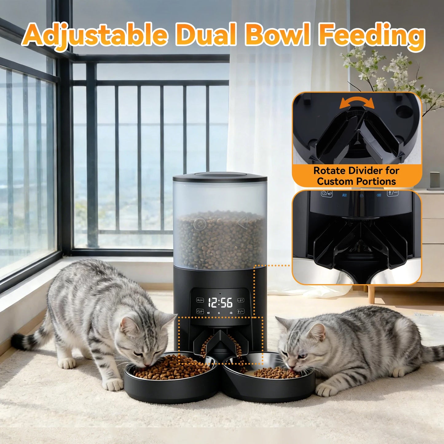 JHK 6L Automatic Cat Feeder with 2 Stainless Bowls Timed Cat Food Dispenser Dual Power Supply Dual Pet Feeder for Cat and Dog