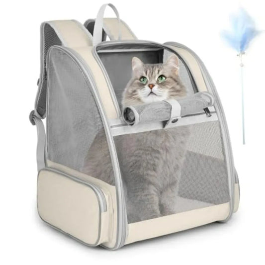 Cat Backpack Carrier For Pets With Kitten Wand Feather Toy