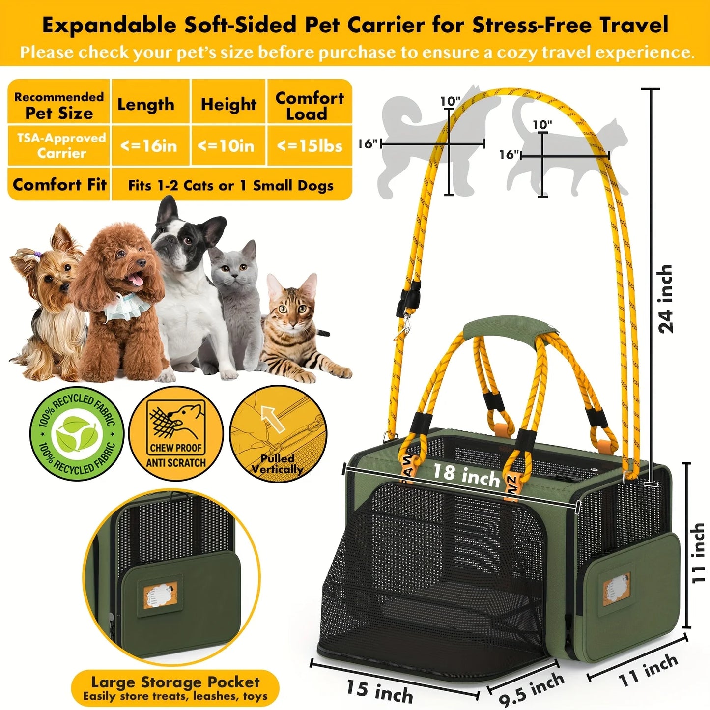 PAWZIDEA Expandable Cat Carrier With ID Card TSA Airline Approved