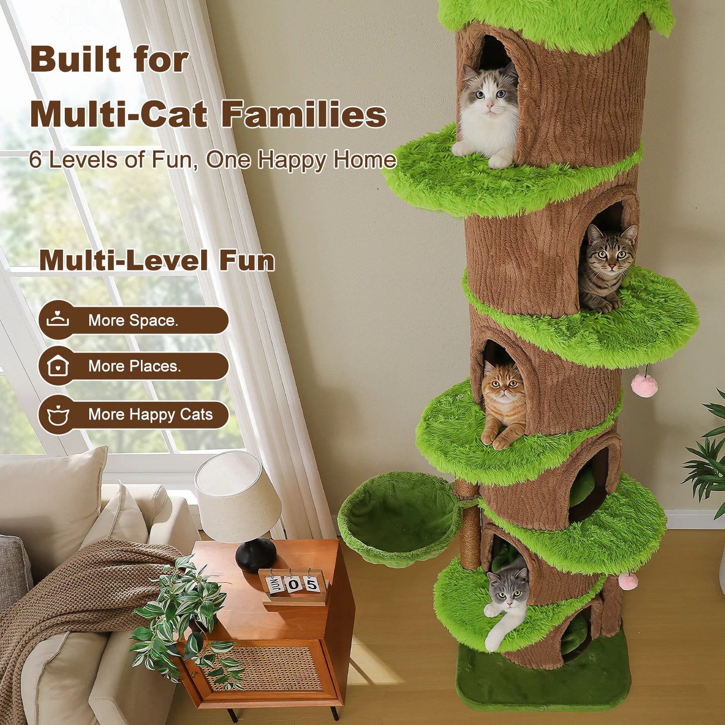 Floor to Ceiling Cat Tree with 6 Spacious Condos Sisal Scratching Posts Cozy Hammock Adjustable Height Large Cat Tower for Indoor Cats Multi-Level Cat House Bed Cat Toys