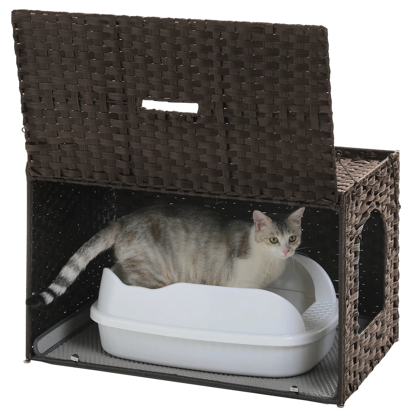 Rattan Cat Litter Box Enclosure with Taller Doorway and Flip-Up Design-More Space Raised Edge Mat-Cat House Cabinet Furniture