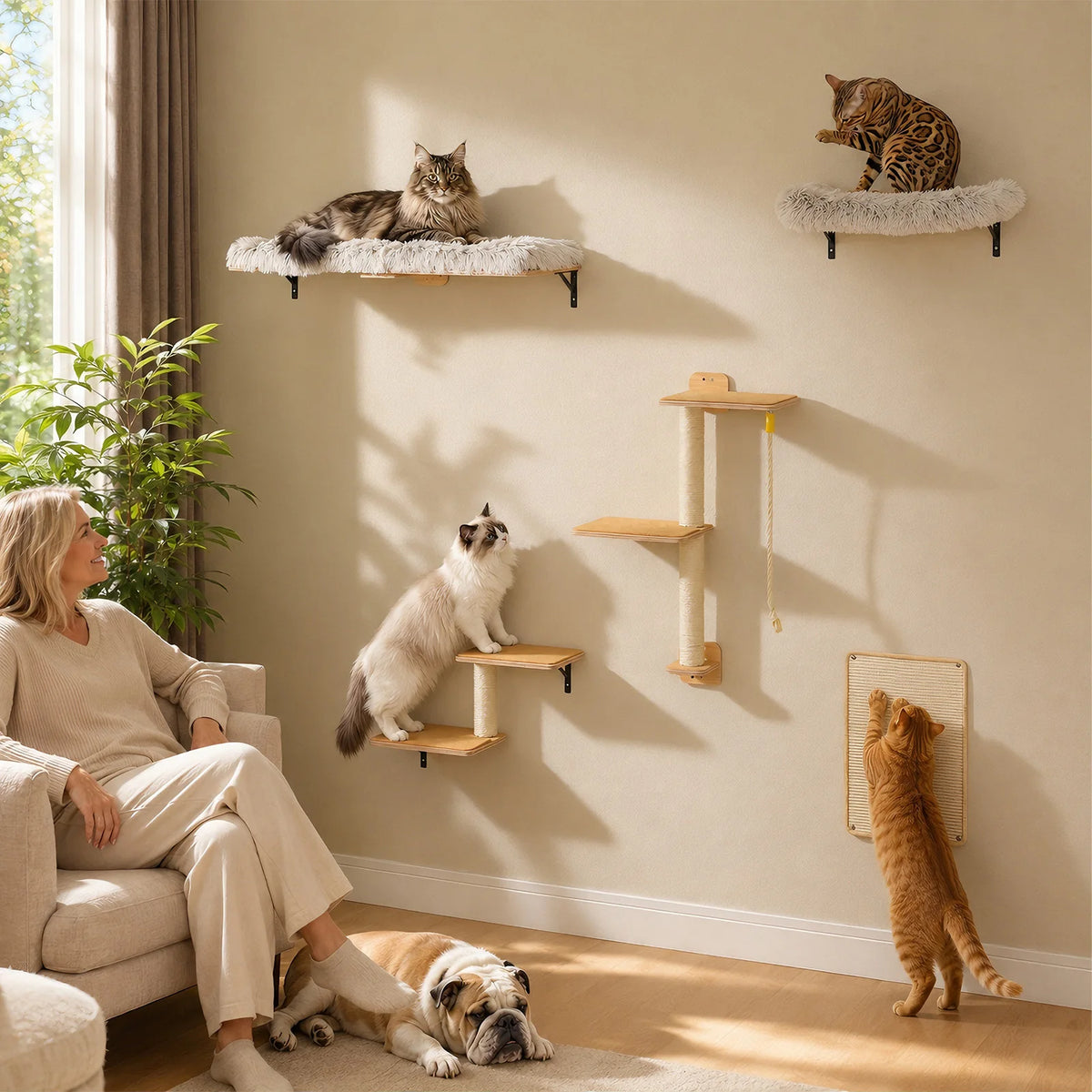 PAWZ Road Wooden Cat Wall Climbing Shelves With Scratching Posts
