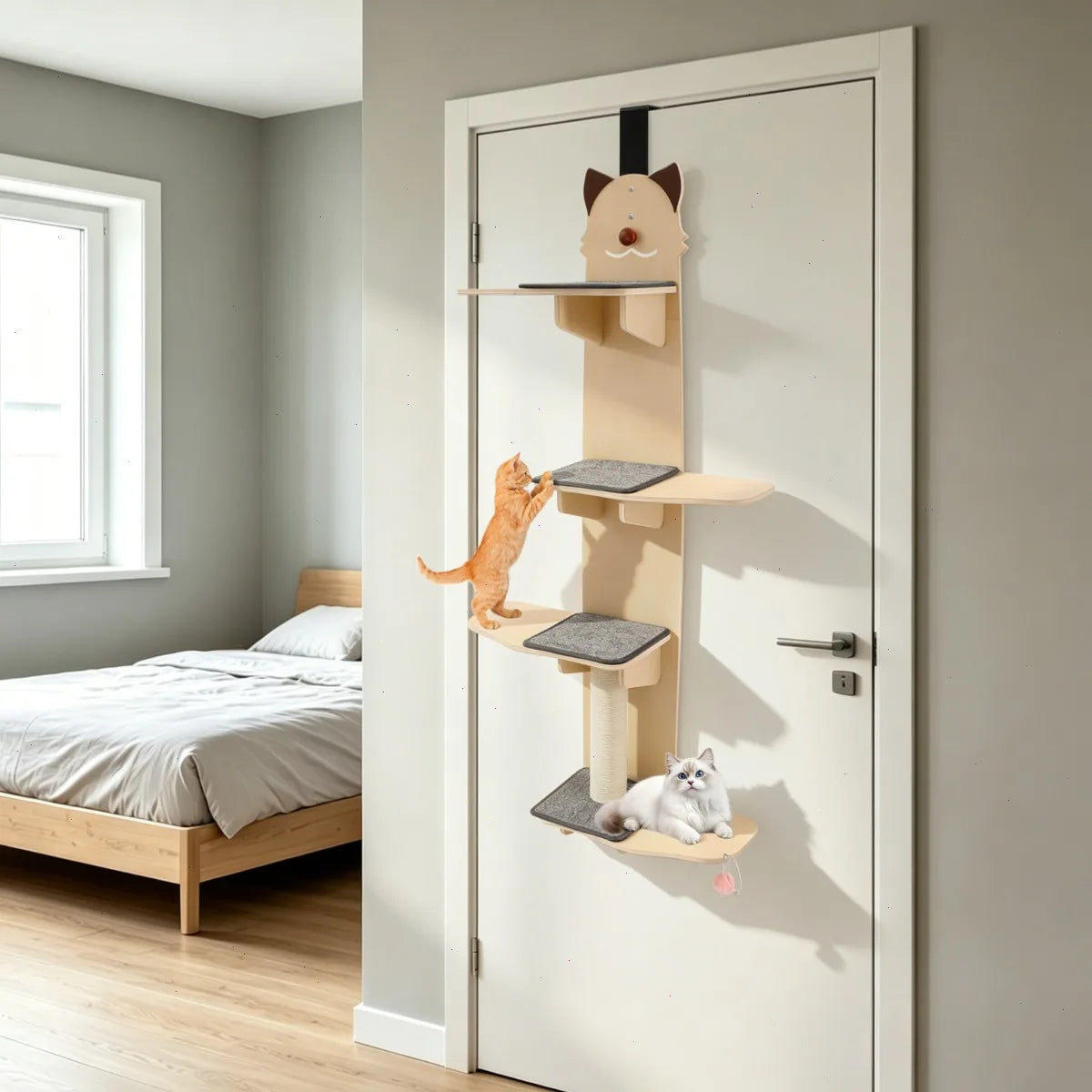 59 inch Door Hanging Cat Tree, Multi-Level Cat Climber with Scratch Post, Teaser Ball, Sturdy Wooden Shelves, Vertical Cat Furniture for Indoor Cats