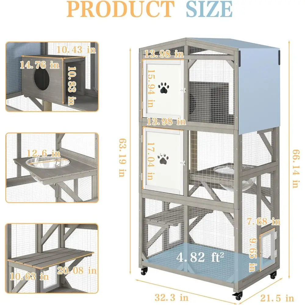 Weatherproof Wooden Cat Catio Enclosure Featuring Three Platforms and Mobility