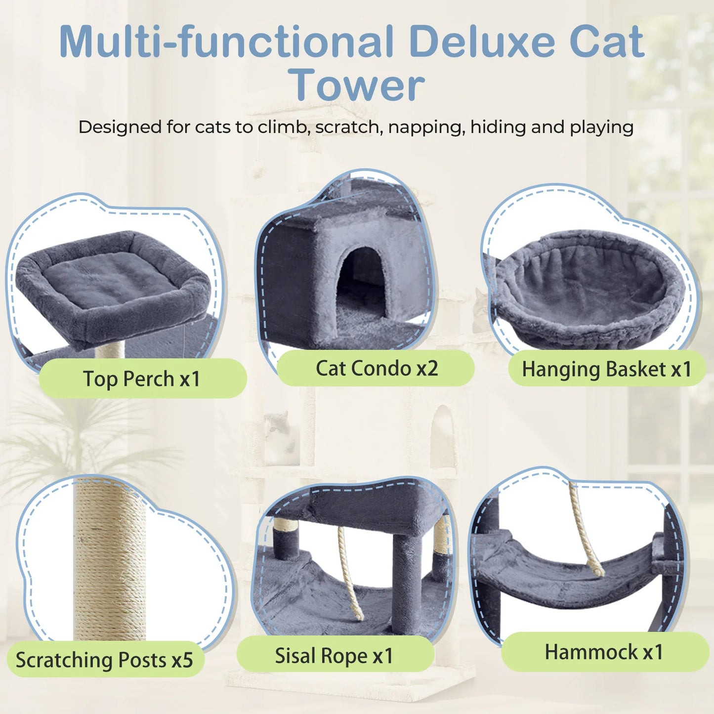66-inch Multi-Level Cat Tree Tower with Sisal Scratching Posts, Cozy Cat Bed, Soft Hammock & Sturdy Platforms – Modern Design fo