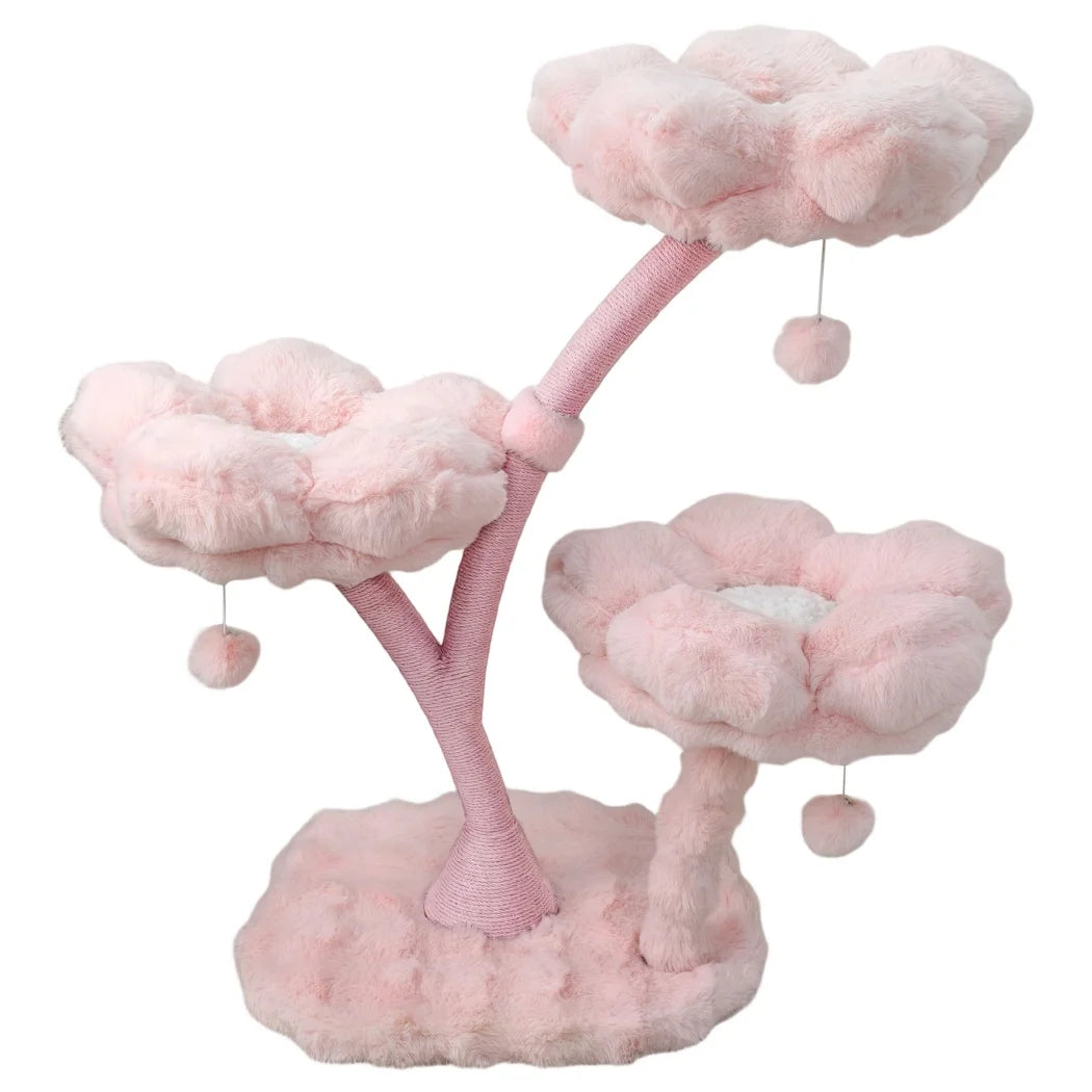 105cm Tall Pink Flower Cat Tree Tower with Scratching Post Wood Branch Cat Cushioned Bed Hanging Ball Toy