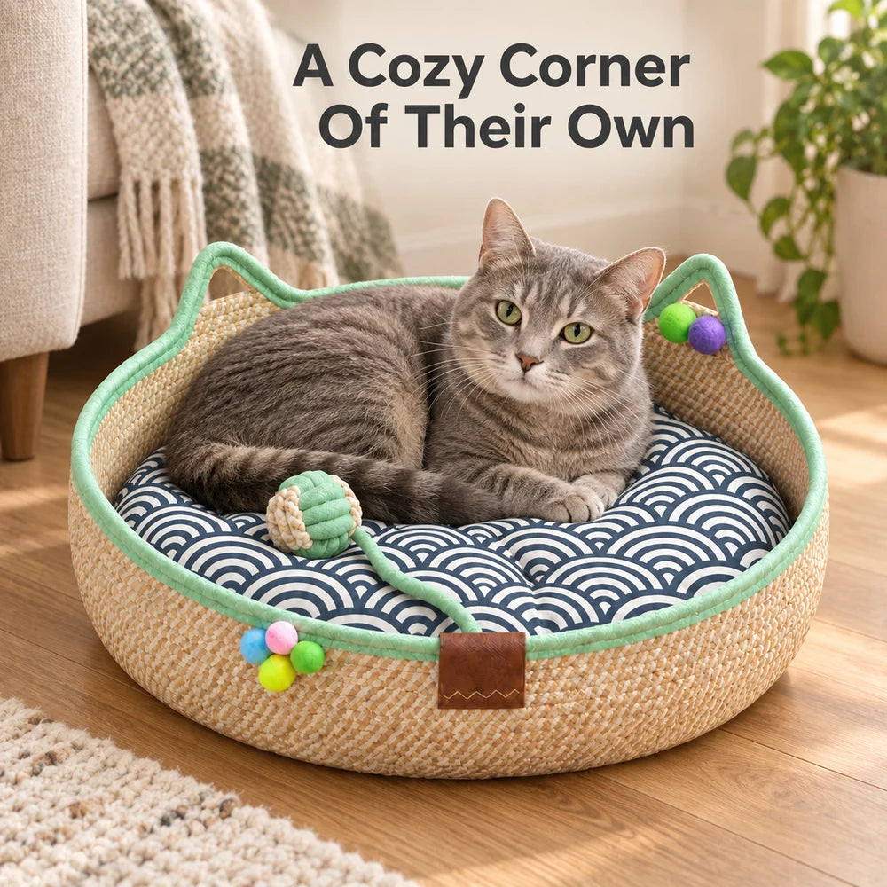 Comfortable Round Woven Cat Bed With Stylish Ear Design by Annie N Poe Cattastic Supplies