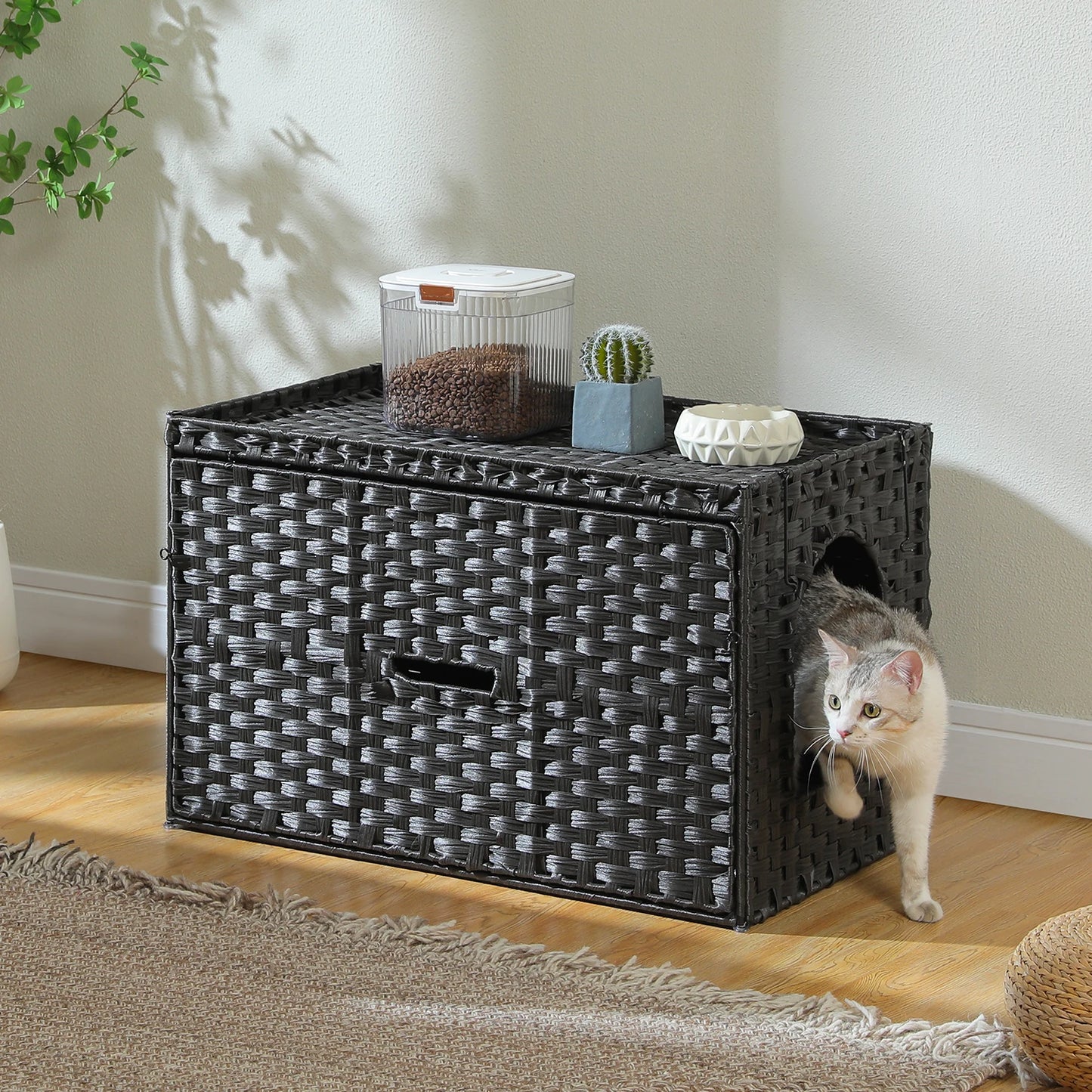 PEQULTI Rattan Cat Litter Box Enclosure With Taller Doorway
