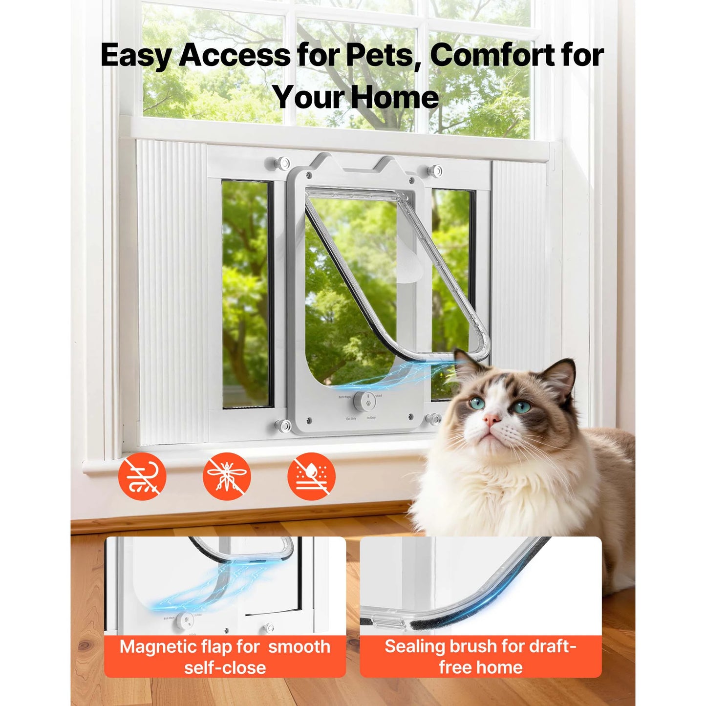SucceBuy Cat Door for Window Adjustable to Fit Window Width 23"-28" 4 Secure Lock Modes Magnetic Closure Pet Door for Cats White
