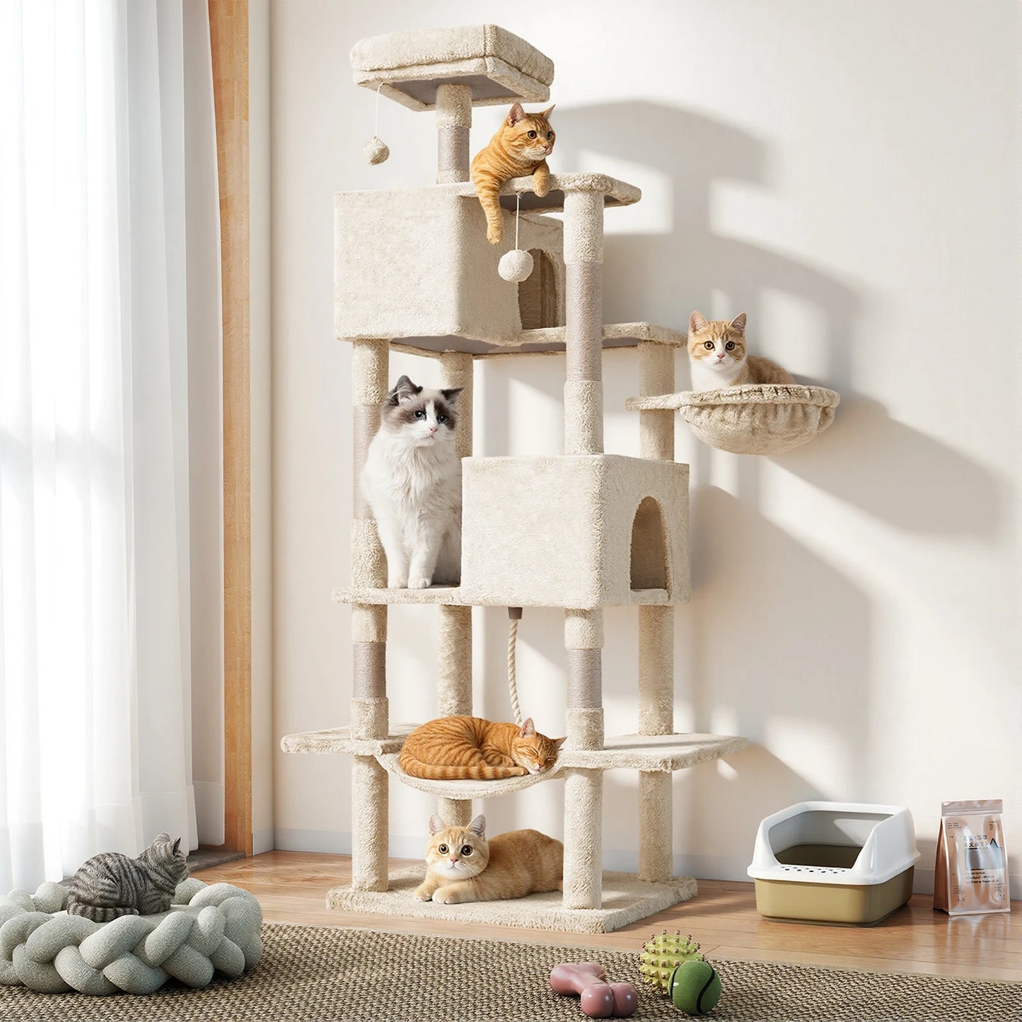 66-inch Multi-Level Cat Tree Tower with Sisal Scratching Posts, Cozy Cat Bed, Soft Hammock & Sturdy Platforms – Modern Design fo