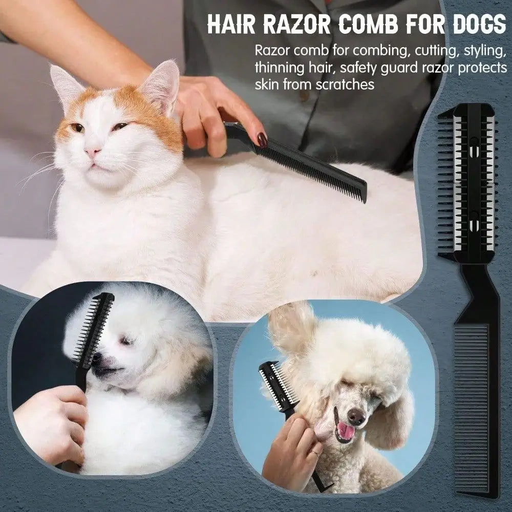 Pet Grooming Tool 5Piece Dog Hair Razor Comb Set With 25 Extra Blades For Dogs And Cats Black