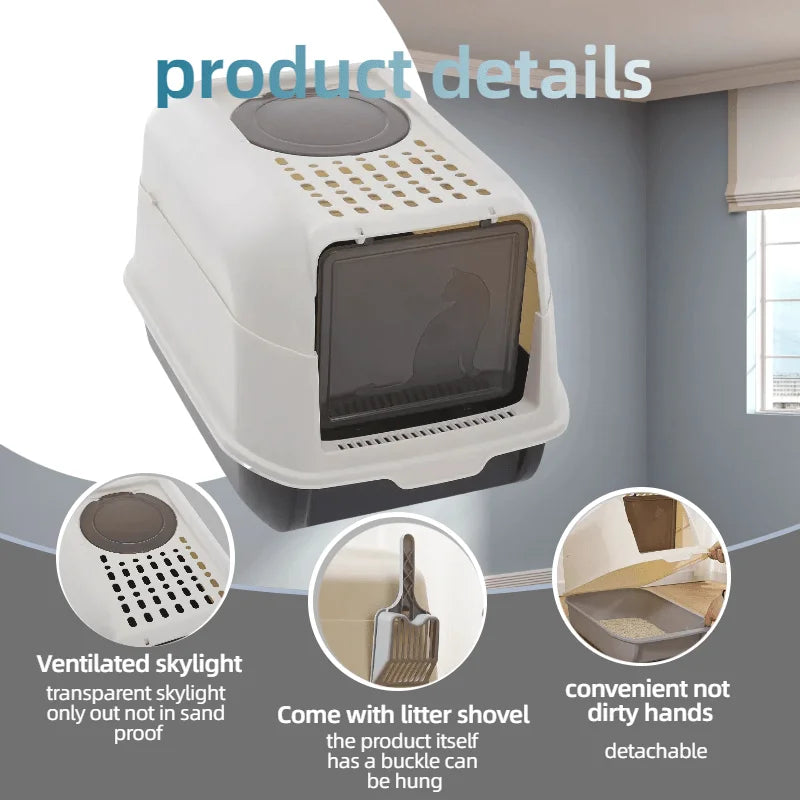 [Extra Large Cat Litter Box] Closed/Open Covered Litter Box with Litter Scoop, Detachable Lid, High Rim Splash-Proof Design,Easy