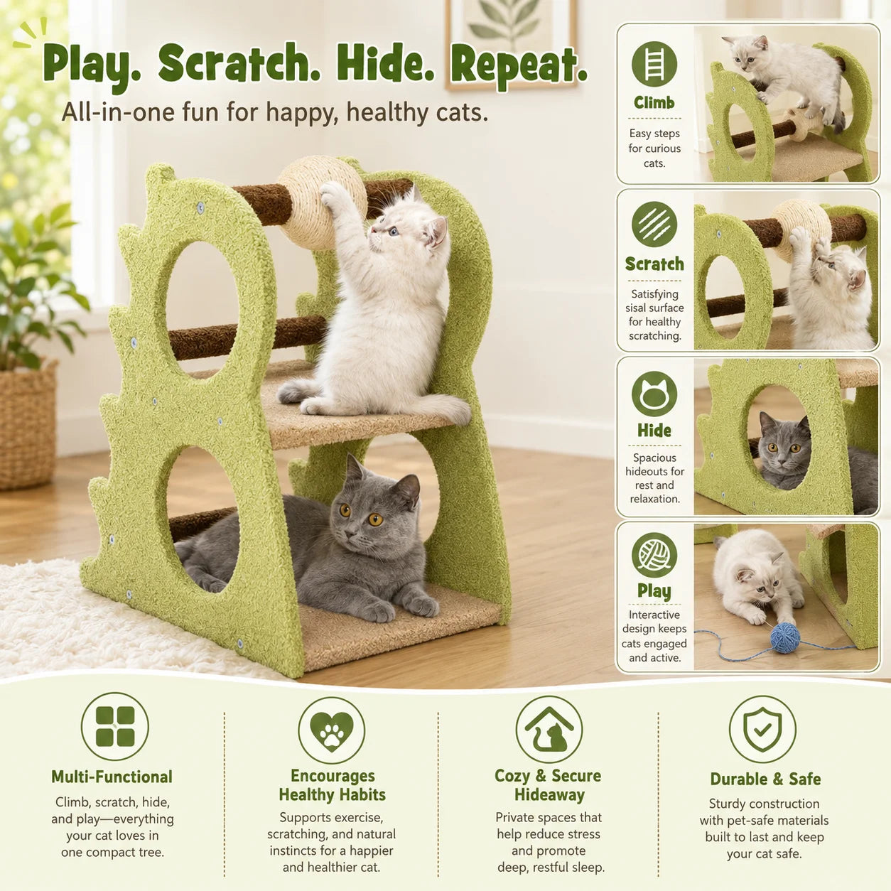 Two Level Indoor Cat Tree with Cozy Resting Platforms and Rotating Sisal Scratching Ball
