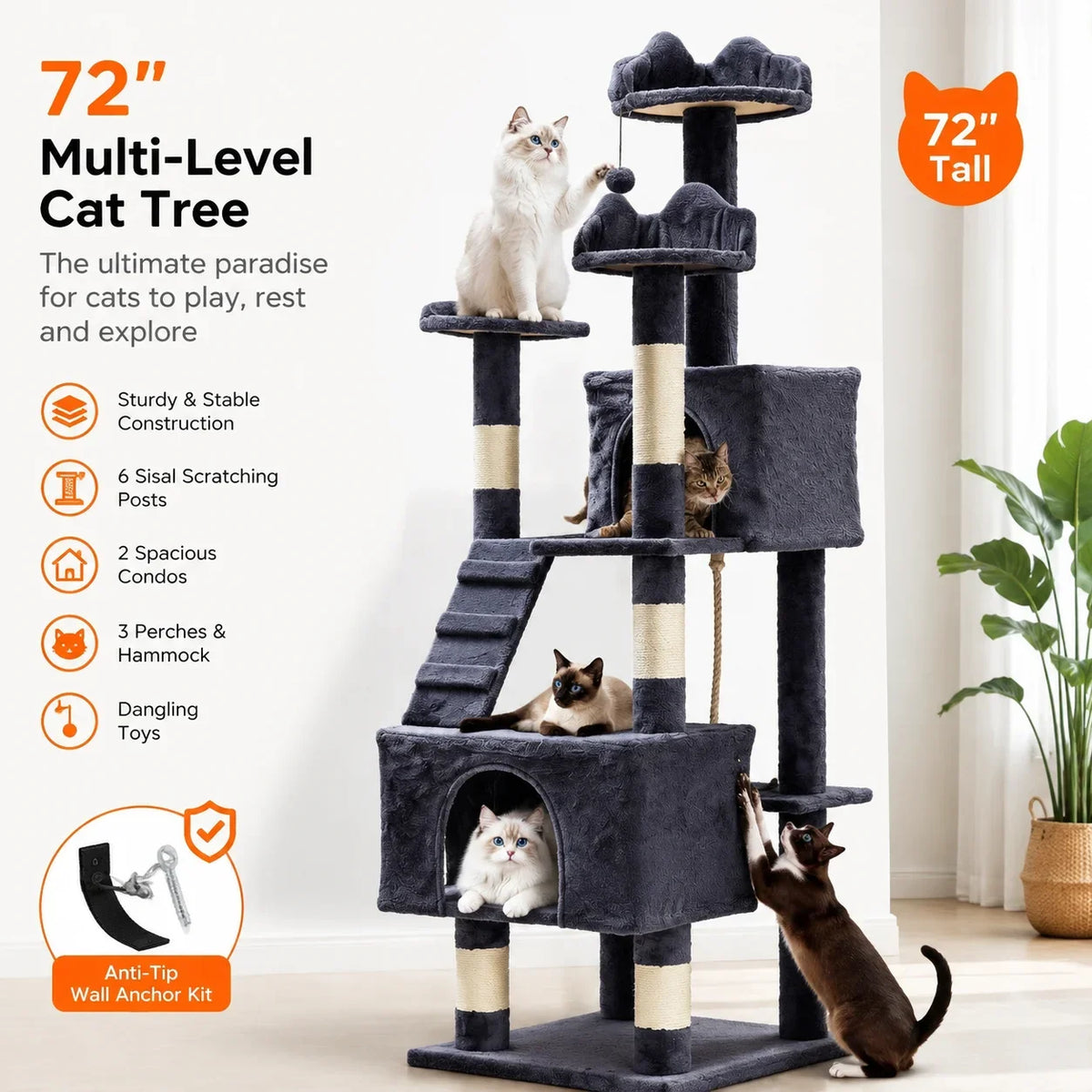 Premium Multi Level Cat Tree With Scratching Posts And Hammock