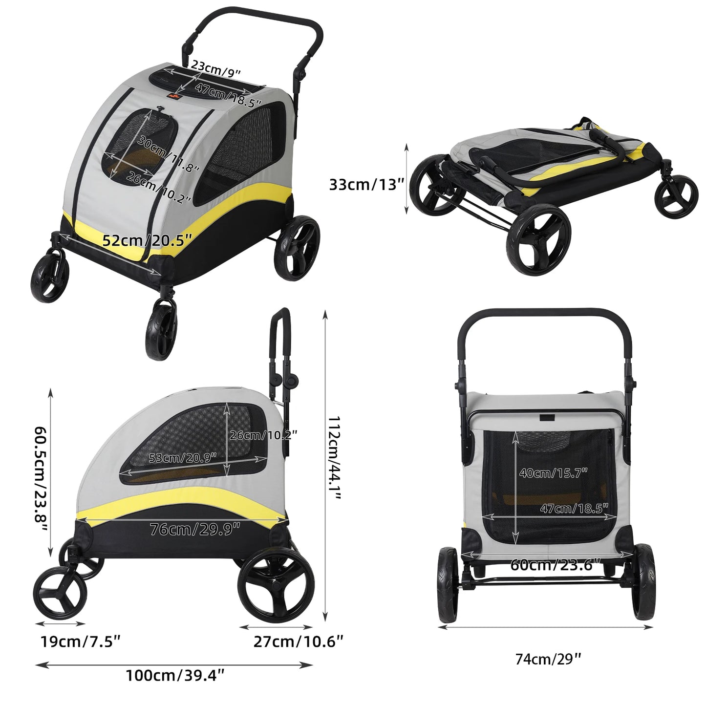 M-XL Dog Stroller Ultra-large 4 Wheels Pet Jogger Wagon Foldable Cart Travel Trolley Outdoor Animal Carrier Load Up To 55kg