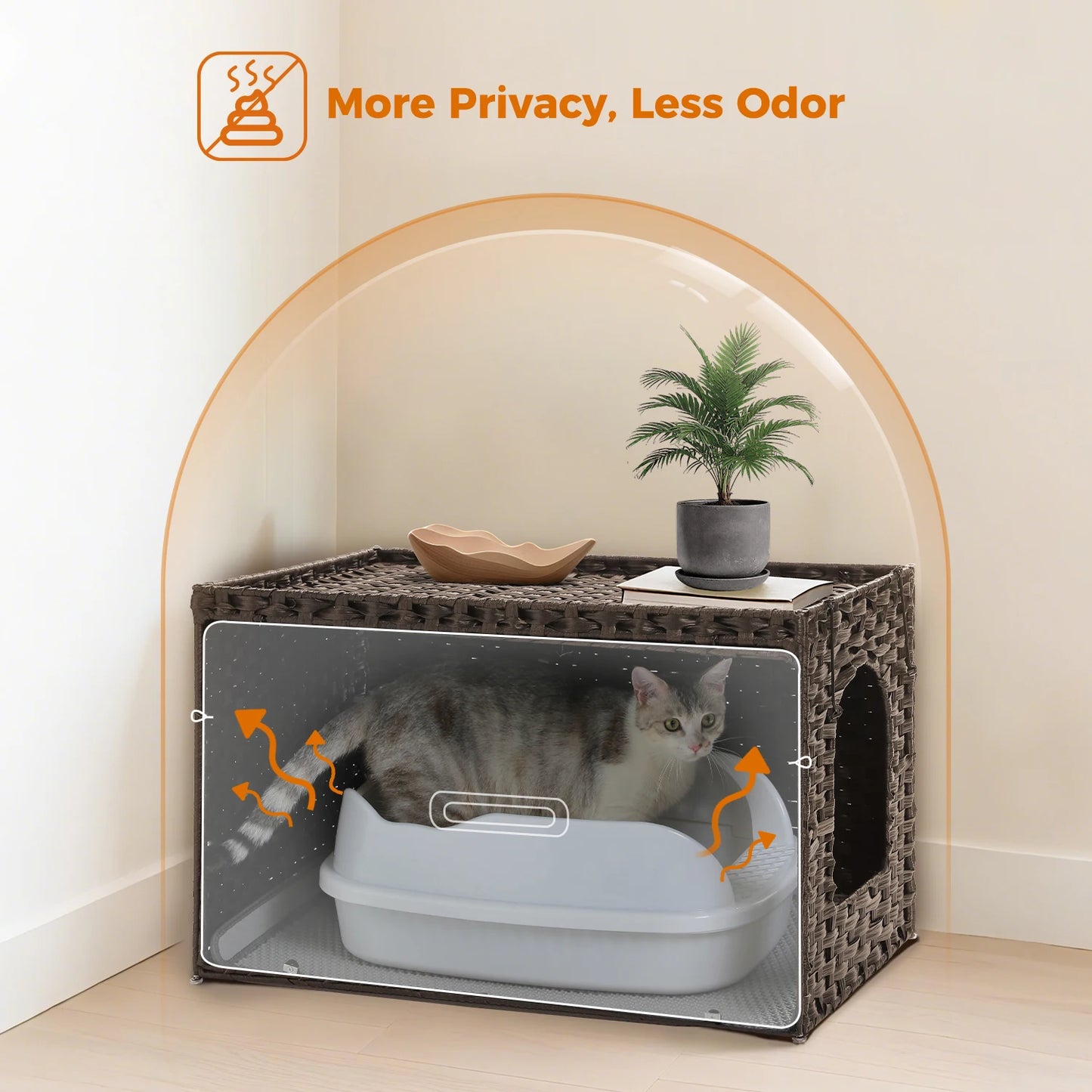 Rattan Cat Litter Box Enclosure with Taller Doorway and Flip-Up Design-More Space Raised Edge Mat-Cat House Cabinet Furniture