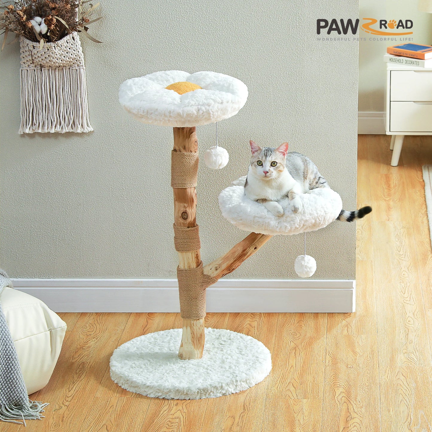 PAWZ Road Modern Cat Tree Tower With Solid Wood Scratching Posts And Basket