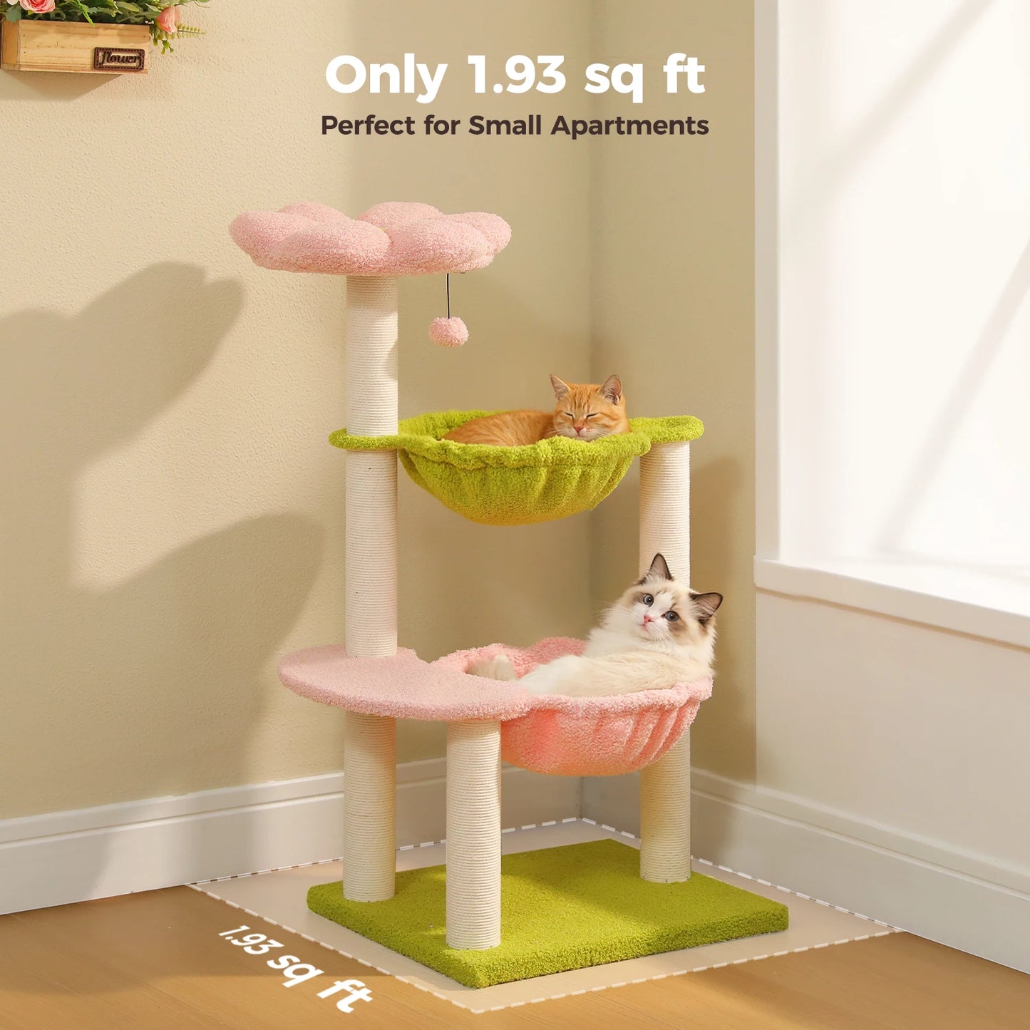 Flower Cat Tree with 2 Cozy Hammocks Sisal Scratching Posts Soft Top Perch Small Cat Tower for Indoor Kitty Cat Furniture Cat Toys