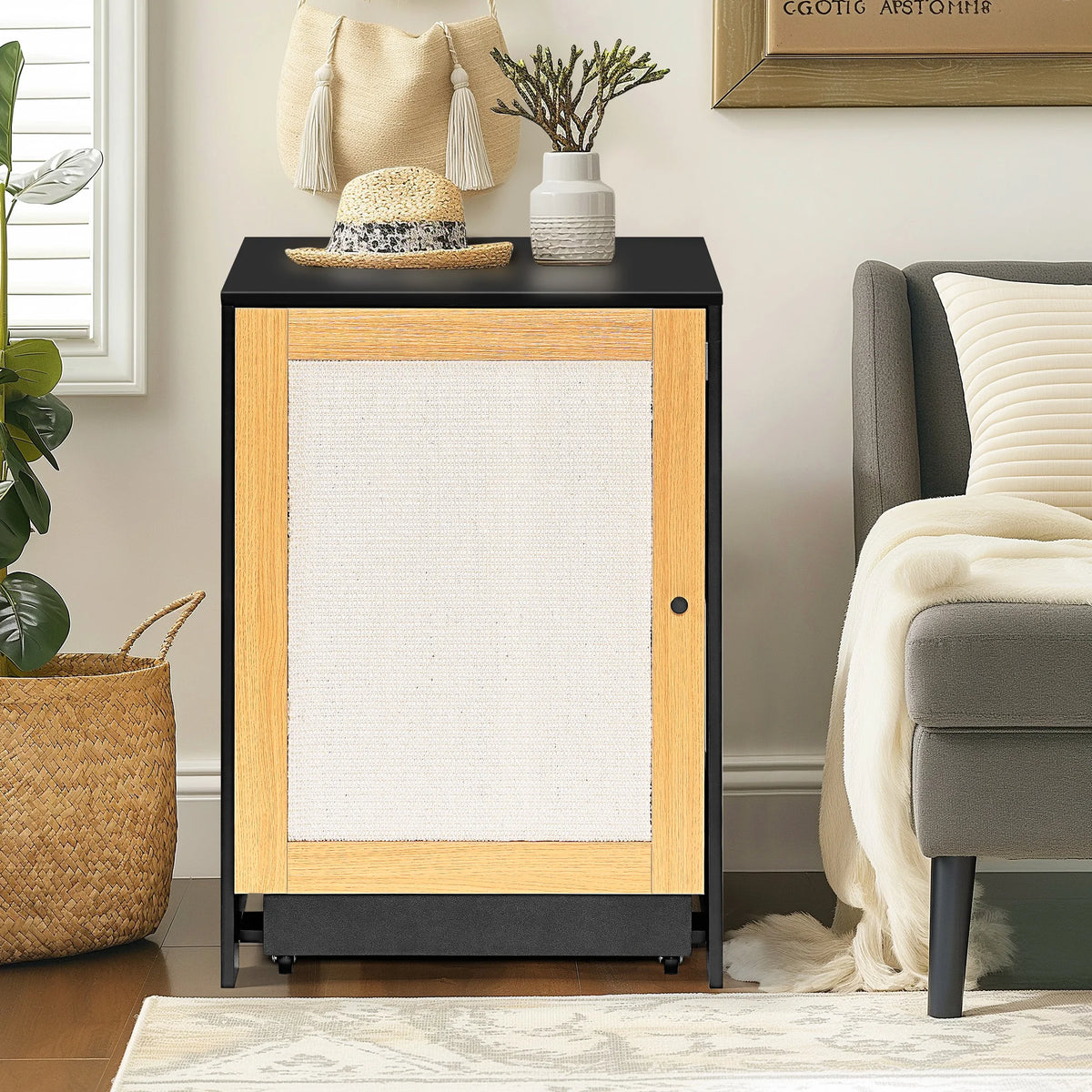Hidden Cat Litter Box Enclosure With Sisal Scratching Door Cabinet