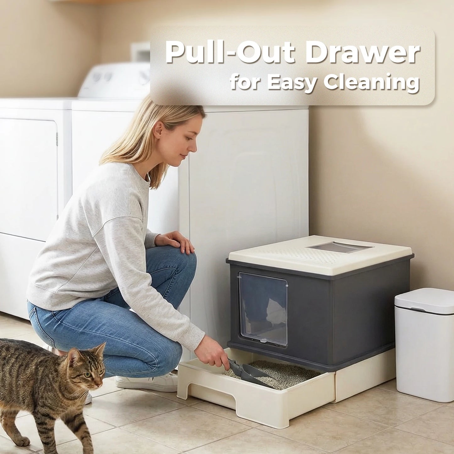 Enclosed Cat Litter Box with Scoop, Large Litter Box for Indoor, Cat Toilet with Lid, Pull-Out Drawer, Top Exit Anti-Tracking