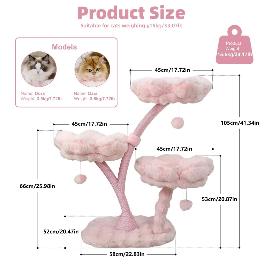 105cm Tall Pink Flower Cat Tree Tower with Scratching Post Wood Branch Cat Cushioned Bed Hanging Ball Toy
