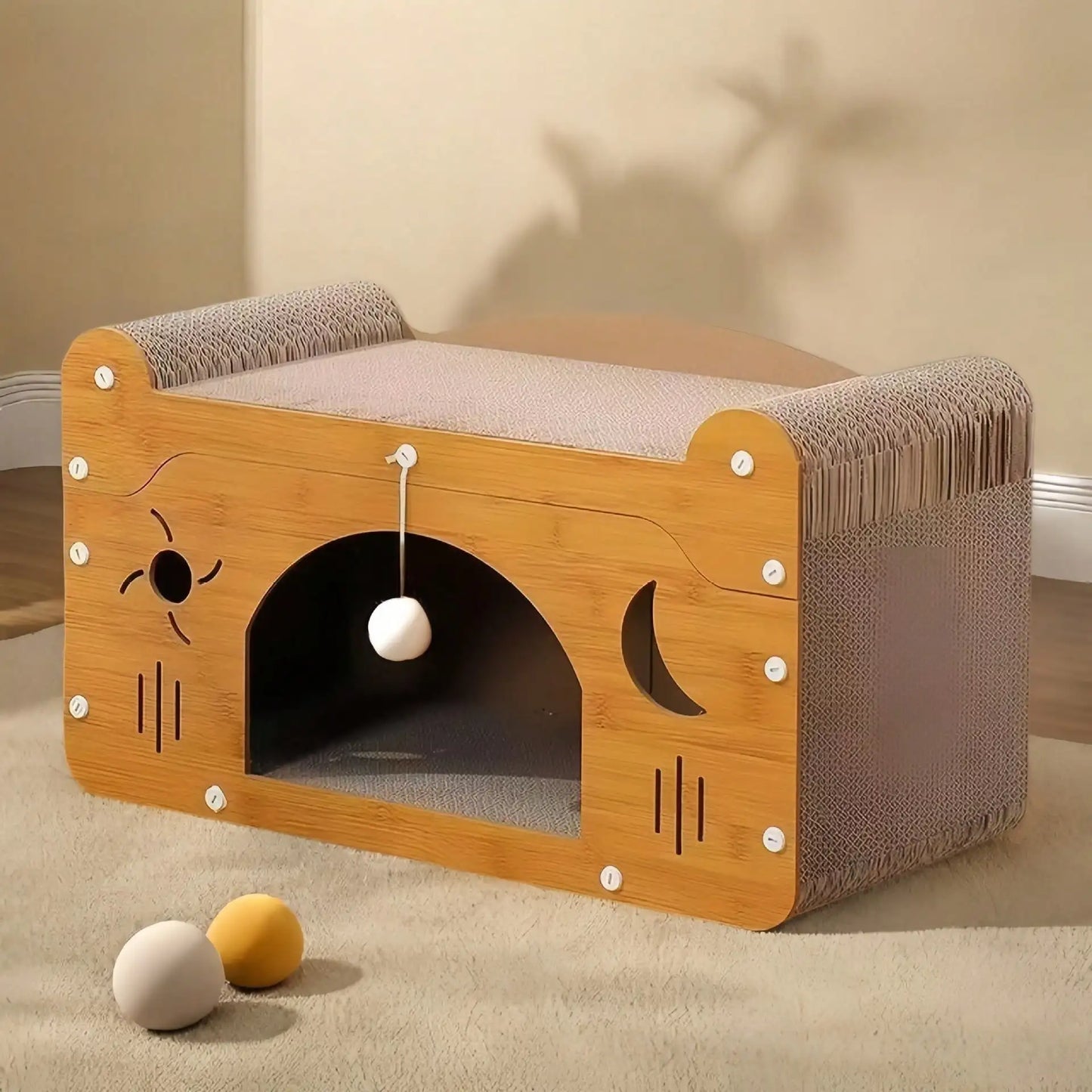 2 In 1 Double Layer Cardboard Cat Scratcher Lounge Bed Bubble Fish Star Moon Double Cat Head Pattern Detachable Upper Platform Cat Hideaway With 2 Hanging Pom Pom Balls For Multi Cat Households