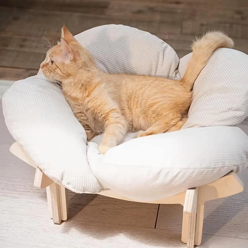Raised Wooden Cat Bed With Cushion For Indoor Use