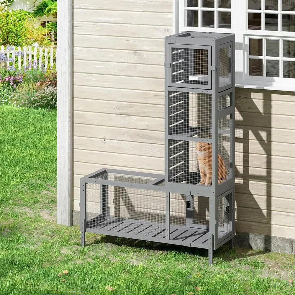 Configurable Window Catio with Multi-Level Cat Tunnel and Play Platforms for Indoor/Outdoor Use
