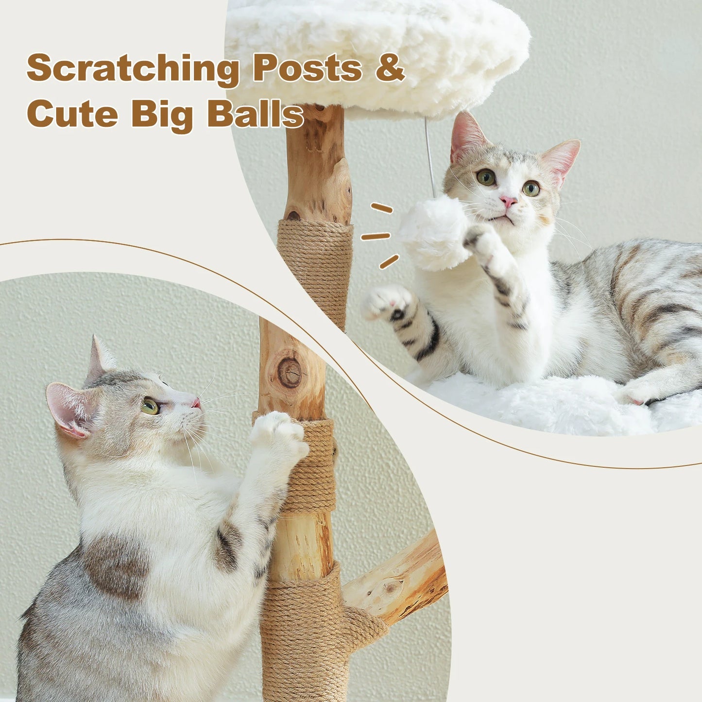 Wood Cat Tree with Wicker Basket Bed Sisal Scratching Posts Modern Cat Tower with Real Wood Branches Hanging Balls Luxury Boho Cat Furniture for Indoor Cat Toys